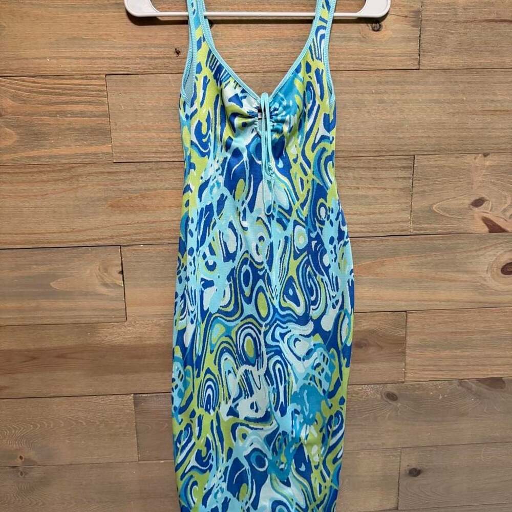 Zara Abstract Swirl Knit Midi Dress Size S Blue Yellow